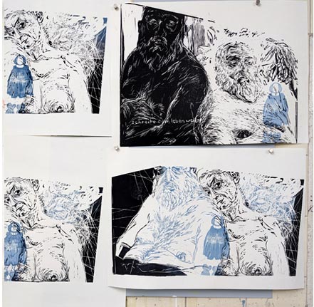 Ellen Louise Weise - Linoldrucke - Druckwerkstatt des bbk, Bethanien, Berlin, Knieheblepresse